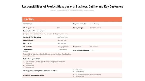 Responsibilities Of Product Manager With Business Outline And Key Customers Ppt PowerPoint Presentation Outline Example Introduction PDF Responsibilities Of Product Manager With Business Outline And Key Customers Ppt PowerPoint Presentation Outline Example Introduction PDF