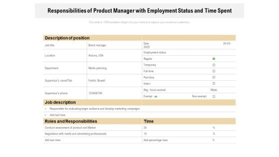 Responsibilities Of Product Manager With Employment Status And Time Spent Ppt PowerPoint Presentation Show Inspiration PDF Responsibilities Of Product Manager With Employment Status And Time Spent Ppt PowerPoint Presentation Show Inspiration PDF