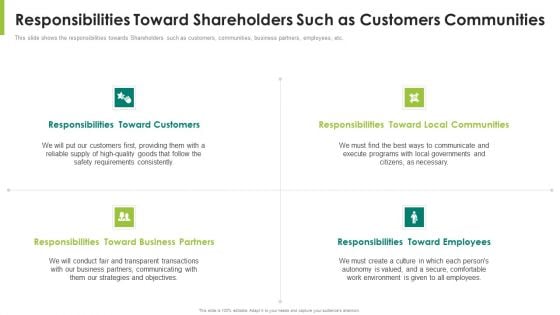 Responsibilities Toward Shareholders Such As Customers Communities Ppt Infographics Design Inspiration PDF Responsibilities Toward Shareholders Such As Customers Communities Ppt Infographics Design Inspiration PDF