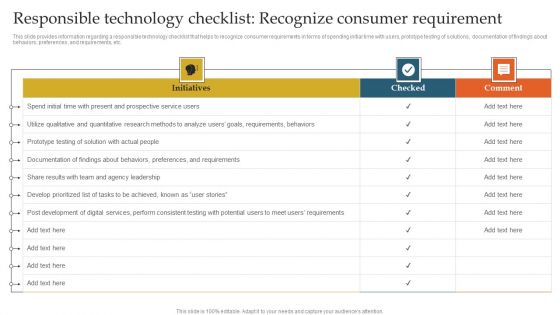 Responsible Technology Checklist Recognize Consumer Requirement Ppt Ideas Background PDF Responsible Technology Checklist Recognize Consumer Requirement Ppt Ideas Background PDF