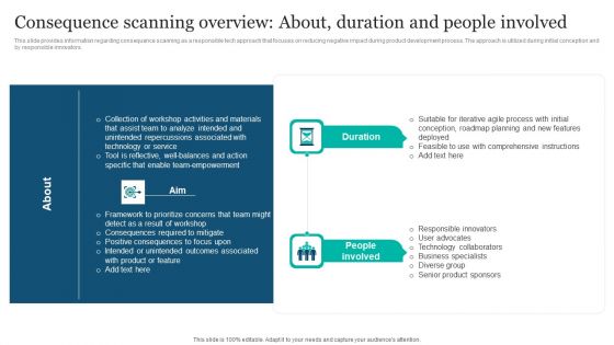 Responsible Technology Playbook Consequence Scanning Overview About Duration And People Ideas PDF