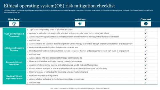 Responsible Technology Playbook Ethical Operating System OS Risk Mitigation Checklist Infographics PDF Responsible Technology Playbook Ethical Operating System OS Risk Mitigation Checklist Infographics PDF