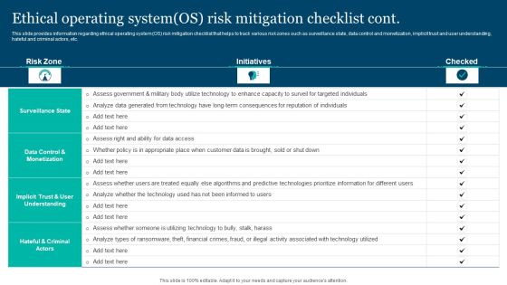 Responsible Technology Playbook Ethical Operating System OS Risk Mitigation Checklist Infographics PDF Slide02