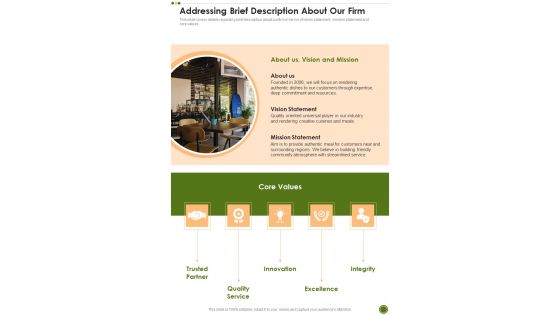 Restaurant Business Funding Addressing Brief Description About Our Firm One Pager Sample Example Document