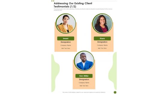 Restaurant Business Funding Addressing Our Existing Client Testimonials One Pager Sample Example Document Restaurant Business Funding Addressing Our Existing Client Testimonials One Pager Sample Example Document