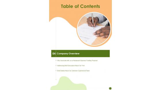 Restaurant Business Funding Proposal Table Of Contents One Pager Sample Example Document