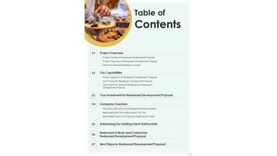 Restaurant Development Proposal Table Of Contents One Pager Sample Example Document