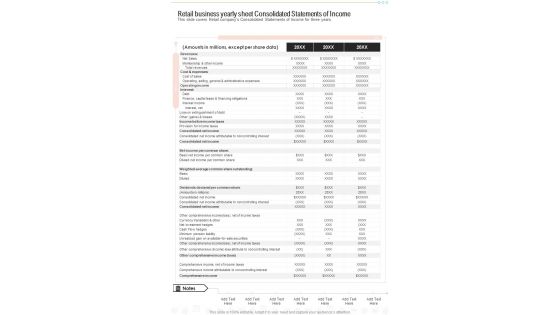 Retail Business Yearly Sheet Consolidated Statements Of Income One Pager Documents