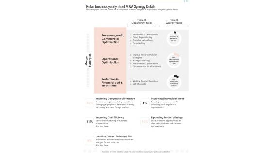 Retail Business Yearly Sheet M And A Synergy Details One Pager Documents