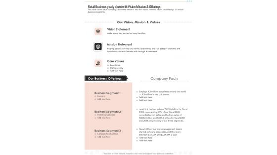 Retail Business Yearly Sheet With Vision Mission And Offerings One Pager Documents