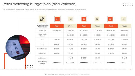 Retail Marketing Campaign Effective Techniques Retail Marketing Budget Plan Add Variation Infographics PDF
