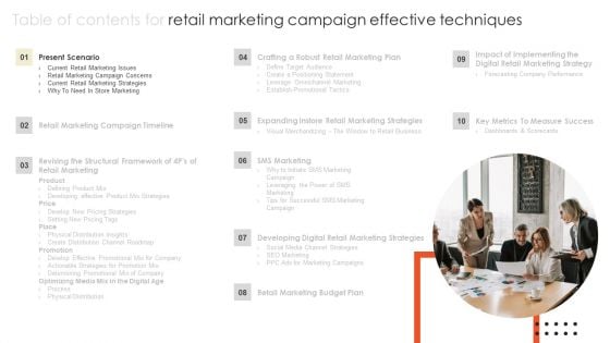 Retail Marketing Campaign Effective Techniques Table Of Contents Formats PDF