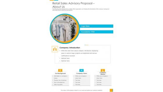 Retail Sales Advisory Proposal About Us One Pager Sample Example Document Retail Sales Advisory Proposal About Us One Pager Sample Example Document