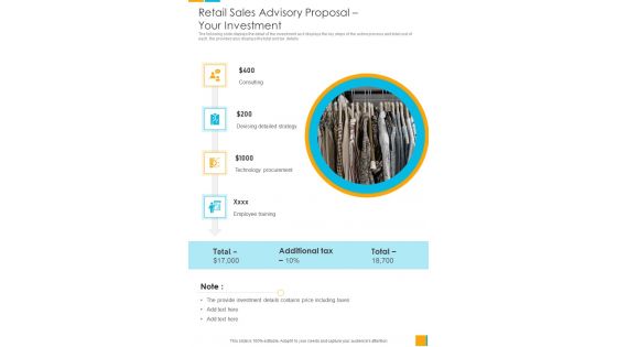 Retail Sales Advisory Proposal Your Investment One Pager Sample Example Document Retail Sales Advisory Proposal Your Investment One Pager Sample Example Document