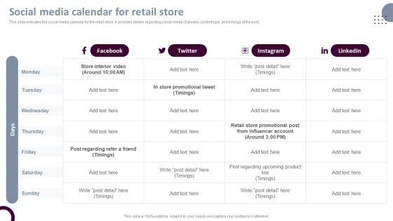 Retail Store Operations Social Media Calendar For Retail Store Portrait PDF