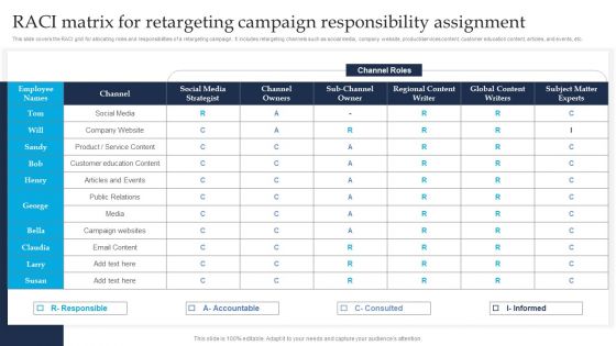 Retargeting Strategies To Improve Sales Raci Matrix For Retargeting Campaign Responsibility Brochure PDF Retargeting Strategies To Improve Sales Raci Matrix For Retargeting Campaign Responsibility Brochure PDF