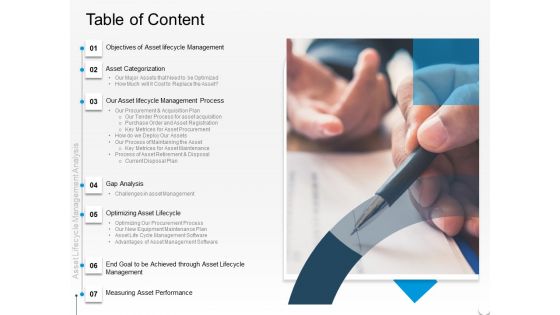 Rethink Approach Asset Lifecycle Management Table Of Content Template PDF