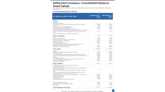 Retirement Company Consolidated Balance Sheet Details One Pager Documents