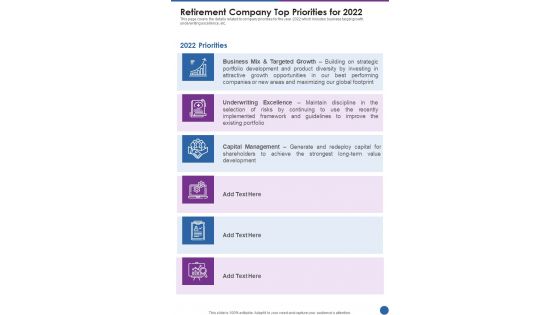 Retirement Company Top Priorities For 2022 One Pager Documents
