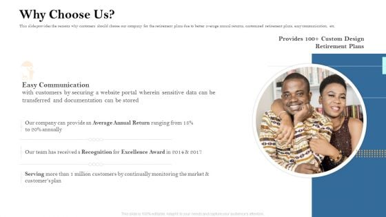 Retirement Income Analysis Why Choose Us Ppt Layouts Design Templates PDF Retirement Income Analysis Why Choose Us Ppt Layouts Design Templates PDF