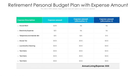 Retirement Personal Budget Plan With Expense Amount Ppt PowerPoint Presentation Show Ideas PDF