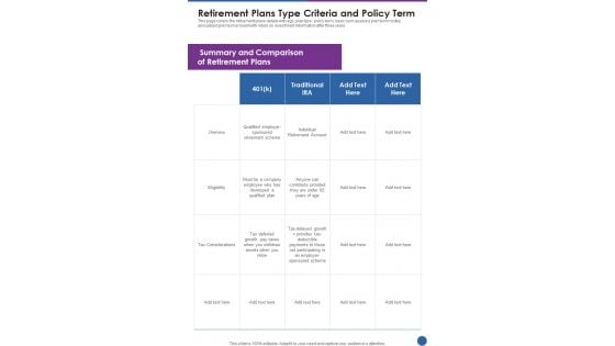 Retirement Plans Type Criteria And Policy Term Template 99 One Pager Documents