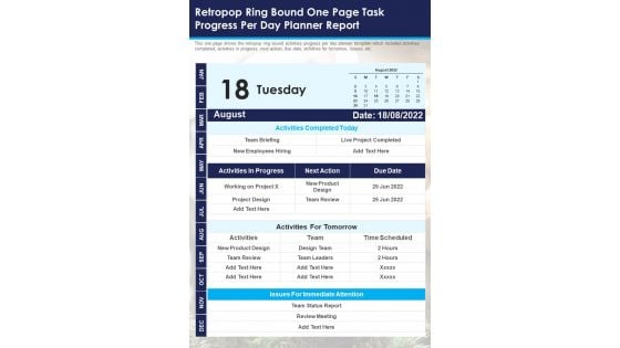 Retropop Ring Bound One Page Task Progress Per Day Planner Report PDF Document PPT Template