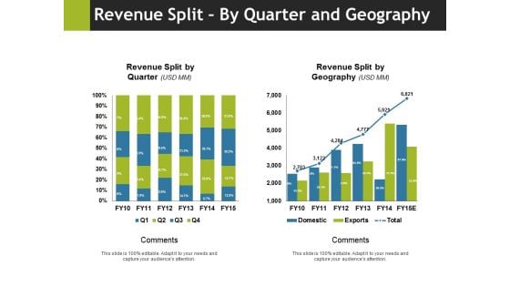 Revenue Split By Quarter And Geography Ppt PowerPoint Presentation Slides Vector