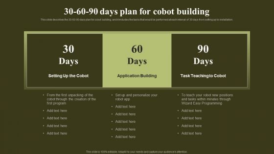 Revolutionizing Human Machine Collaboration Cobots 30 60 90 Days Plan For Cobot Building Sample PDF Revolutionizing Human Machine Collaboration Cobots 30 60 90 Days Plan For Cobot Building Sample PDF