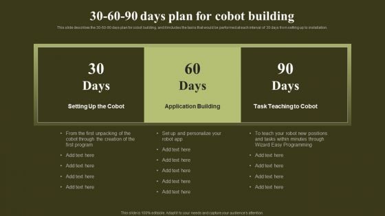 Revolutionizing Human Machine Collaboration Cobots 30 60 90 Days Plan For Cobot Building Sample PDF