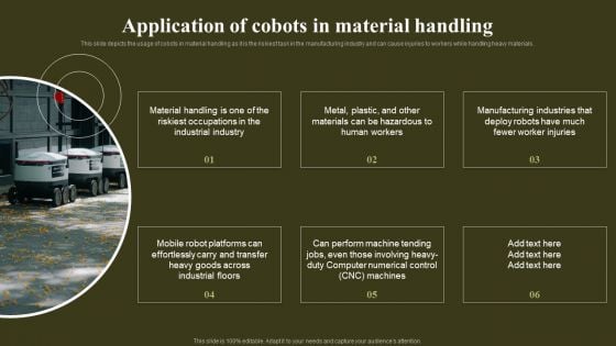 Revolutionizing Human Machine Collaboration Cobots Application Of Cobots In Material Handling Pictures PDF