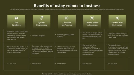 Revolutionizing Human Machine Collaboration Cobots Benefits Of Using Cobots In Business Elements PDF
