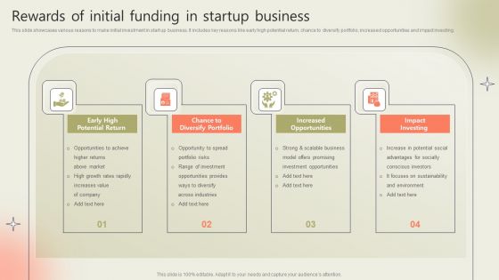 Rewards Of Initial Funding In Startup Business Diagrams PDF