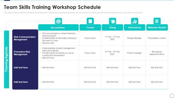 Risk Assessment And Mitigation Plan Team Skills Training Workshop Schedule Ppt Show Background PDF