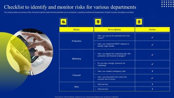 Risk Control And Surveillance Checklist To Identify And Monitor Risks For Various Departments Designs PDF