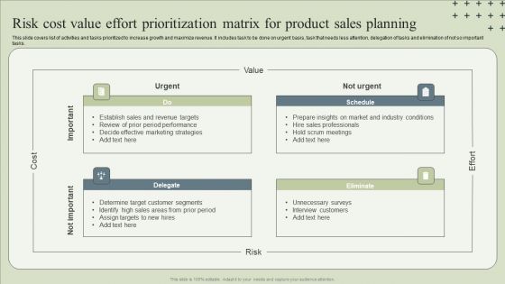 Risk Cost Value Effort Prioritization Matrix For Product Sales Planning Download PDF