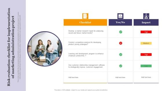 Risk Evaluation Checklist For Implementation Of Marketing Administration Project Mockup PDF