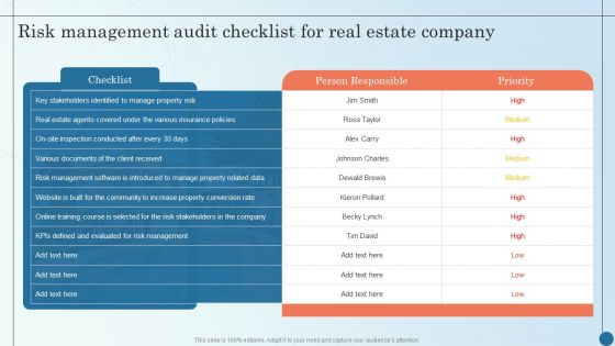 Risk Management Audit Checklist For Real Estate Company Managing Commercial Property Background PDF