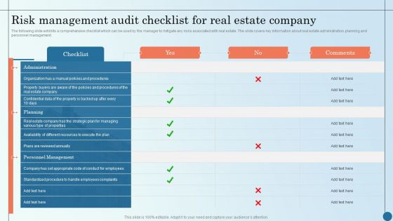 Risk Management Audit Checklist For Real Estate Company Managing Commercial Property Risks Graphics PDF