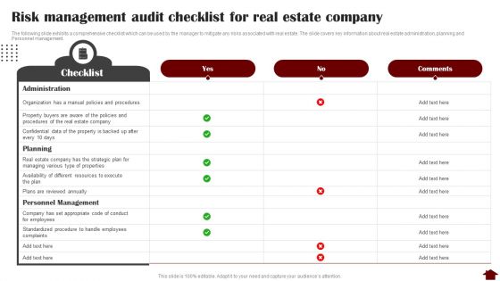 Risk Management Audit Checklist For Real Estate Company Professional PDF