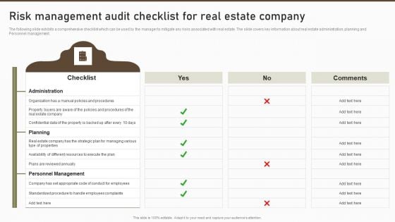 Risk Management Audit Checklist For Real Estate Company Structure PDF