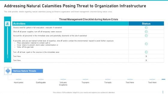 Risk Management For Organization Essential Assets Addressing Natural Calamities Posing Threat Icons PDF