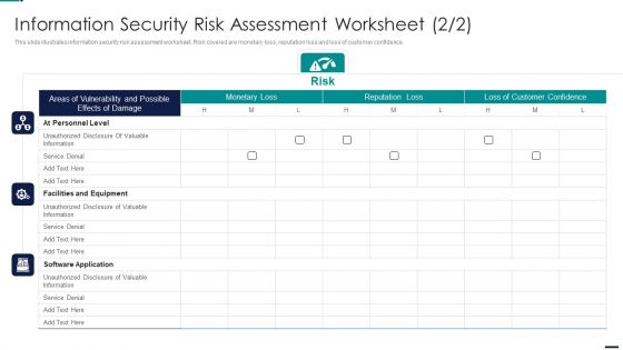 Risk Management Model For Data Security Information Security Risk Assessment Worksheet Infographics PDF