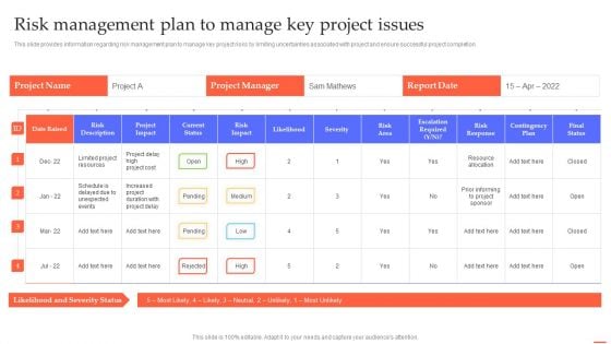 Risk Management Plan To Manage Key Project Issues Efficient Project Administration By Leaders Ideas PDF