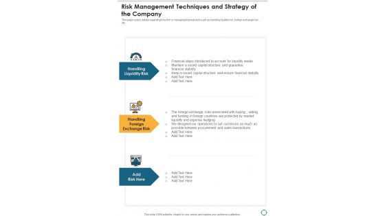 Risk Management Techniques And Strategy Of The Company One Pager Documents