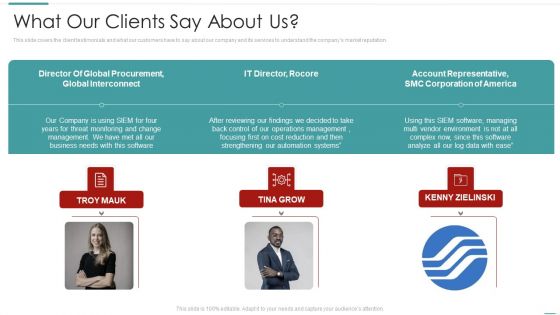 Risk Recognition Automation What Our Clients Say About Us Ppt Summary Example PDF