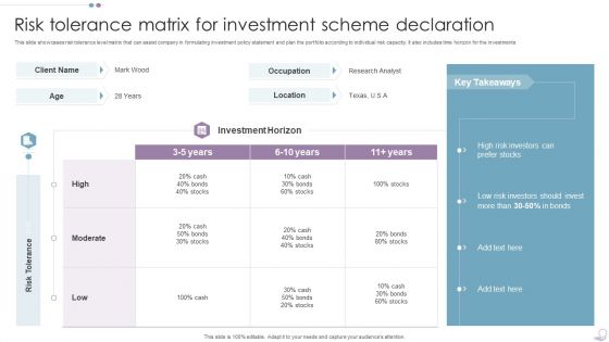 Risk Tolerance Matrix For Investment Scheme Declaration Mockup PDF