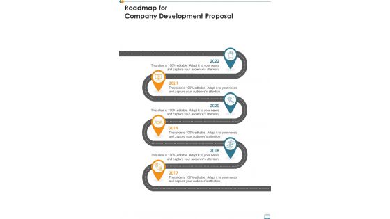 Roadmap For Company Development Proposal One Pager Sample Example Document Roadmap For Company Development Proposal One Pager Sample Example Document