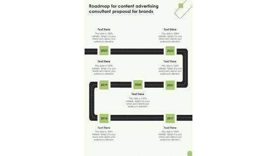 Roadmap For Content Advertising Consultant Proposal For Brands One Pager Sample Example Document Roadmap For Content Advertising Consultant Proposal For Brands One Pager Sample Example Document