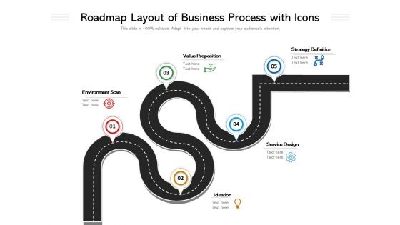 Roadmap Layout Of Business Process With Icons Ppt PowerPoint Presentation Model Shapes PDF